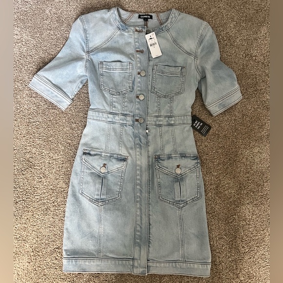 NWT Express Denim Padded Shoulder Mini Dress - Picture 5 of 6
